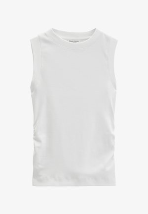 Ärmelloses weißes geripptes Tanktop mit Rundhalsausschnitt, aus weichem Stoff, mit Marc O'Polo-Label innen im Kragen.