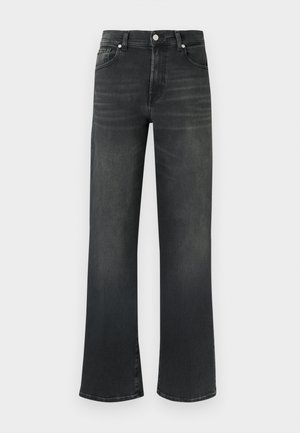 Black denim jeans with a high waist and wide-leg design. Features five pockets and a button closure, with subtle fading on the fabric.