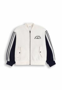 Biała kurtka z granatowymi rękawami i trzema paskami. Posiada zamek z przodu, kieszenie boczne i napis "ORIGINAL BE YOURSELF" na klatce piersiowej.