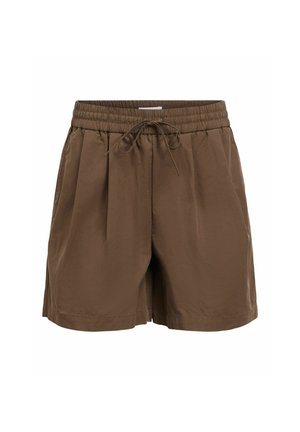 Short marron à taille élastique avec cordon de serrage, devant plissé et coupe décontractée, conçu pour un usage décontracté.