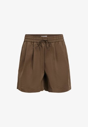 Short marron à taille élastique avec cordon de serrage, devant plissé et coupe décontractée, conçu pour un usage décontracté.