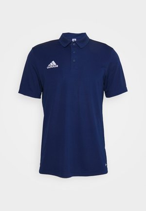 Polo Adidas bleu marine à manches courtes avec trois boutons et logo Adidas blanc sur la poitrine.