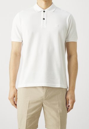 White polo shirt with a classic collar, two-button placket, and a small embroidered logo on the left chest. Soft cotton fabric, short sleeves.