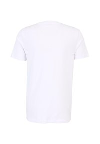 T-shirt alb cu mânecă scurtă, din material de bumbac, design cu gât rotund, textură netedă, simplu, fără modele sau accente, văzut din spate.