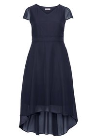 Robe bleu marine avec des manches courtes, décolleté en V, corsage ajusté et ourlet asymétrique. Fabriquée en tissu léger au toucher doux.