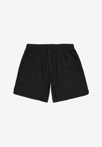 Czarne kąpielówki z elastycznym paskiem w talii, z tylną kieszenią ozdobioną dwiema guzikami oraz gładkim, lekkim materiałem.