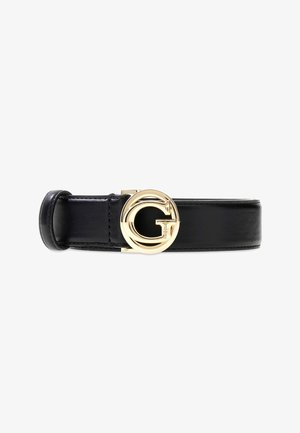 Ceinture en cuir noir à finition lisse, dotée d'une boucle ronde dorée avec un logo "G" proéminent. Sangle réglable avec des détails de couture.