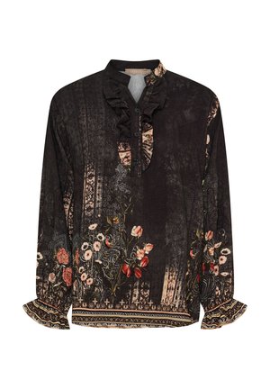 Sort bluse med blomsterprint, flæset krave, knaplukning foran og vide manchetter. Har indviklede designdetaljer og textured stof.
