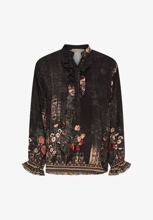 Sort bluse med blomsterprint, flæset krave, knaplukning foran og vide manchetter. Har indviklede designdetaljer og textured stof.
