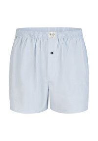 Světle modré bavlněné boxerky s elastickým pasem, předním knoflíkovým zapínáním a štítkem přišitým do pasu. Hladký materiál.