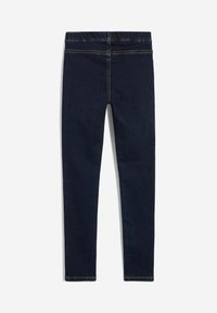 Leggings in denim blu scuro con vita elasticizzata, silhouette aderente e design classico a cinque tasche. Presentano dettagli di cuciture a contrasto.