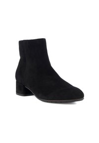 Black suede ankle boot with low block heel and rounded toe, shown at three-quarter angle on white background.