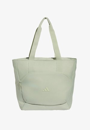 Sac tote gris clair avec doubles bretelles, poche avant zippée et petit logo triangulaire centré sur la poche avant.