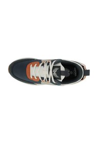 Sneaker featuring a navy and white upper with orange accents, a textured finish, and flat white laces. Comfort-focused design with padded collar.