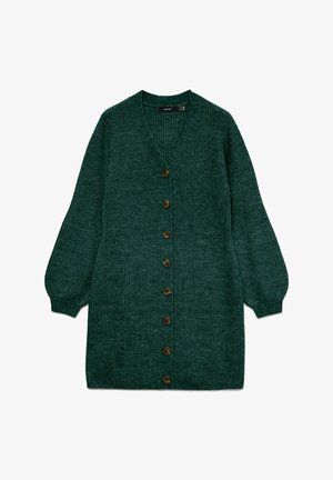 Grön stickad cardigan med V-ringning, långa puffärmar och bruna knappar framtill. Har en strukturerad tyg och avslappnad passform.