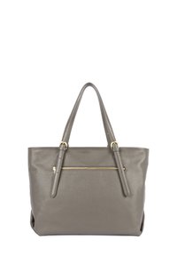 Borsa a tracolla grigia in pelle con due manici, texture liscia e tasca frontale con zip caratterizzata da inserti in metallo dorato.