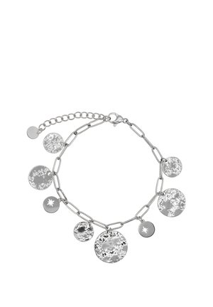 Silbernes Gliederarmband mit sieben strukturierten runden Anhängern und zwei kleinen Anhängern mit Sternausstanz-Design, mit Karabinerverschluss und Verlängerungskette.