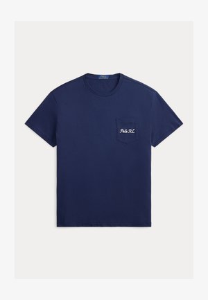 Tricou din bumbac bleumarin cu decolteu rotund, mâneci scurte și buzunar pe pieptul stâng cu textul brodat "Polo RL".