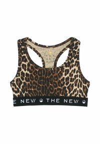 Sportbh med leopardtryck och en svart elastisk band med vit text. Materialet har en mjuk textur. Racerback-design med breda remmar.