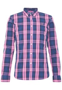 Långärmad rutiga skjorta med blå och rosa toner, knappad krage, vita knappar och en liten broderad logotyp på bröstet.