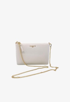 Borsetta da polso in pelle bianca con cerniera dorata e tracolla a catena dorata staccabile, con logo "GALLÉ" in lettere dorate sulla parte anteriore.