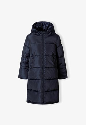 Marineblauwe doorgestikte lange pufferjas met capuchon en een rits aan de voorkant, met zijzakken en gewatteerde horizontale stiksels.