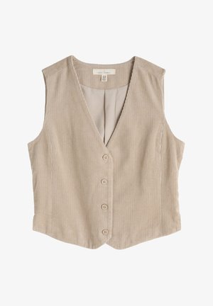 Beige kordbársony ujjatlan mellény V-nyakkal, öt gombos záródással és finom függőleges bordázott textúrával. Simára bélelt belső.