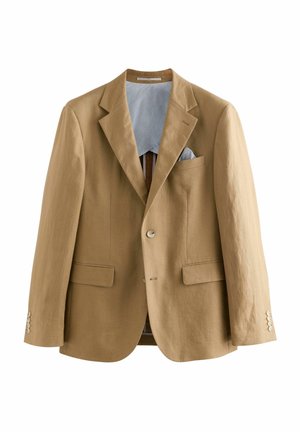 Blazer in lino marrone chiaro con rever a punta, due tasche frontali e chiusura con bottoni. L'interno presenta una fodera a righe blu e bianche.