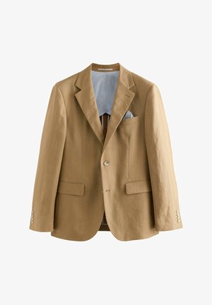Light brown linen blazer with notched lapels, two front pockets, and button closures. Inside features a blue and white striped lining.