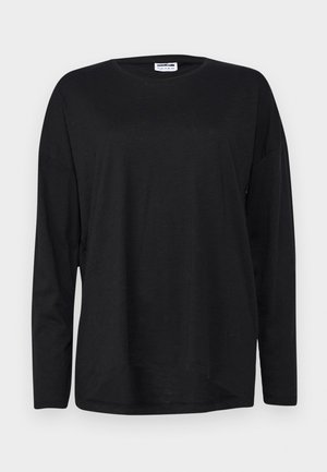 T-shirt nero a maniche lunghe realizzato in tessuto leggero, con colletto rotondo, vestibilità rilassata e orlo curvo.