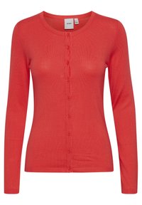 Cardigan rouge à manches longues avec un col rond, une texture côtelée et une fermeture boutonnée ornée de bords festonnés le long de la patte de boutonnage.