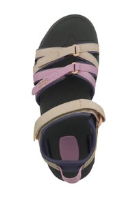 Strap sandal with a black rubber sole, beige, pink, and navy straps. Features adjustable buckles and a padded footbed for comfort.
