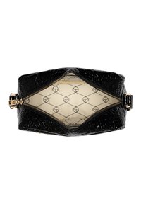 Borsa nera di alta qualità con chiusura a zip, dotata di una fodera interna decorata e di hardware in tonalità oro. Vista dall'alto mostra un design spazioso.