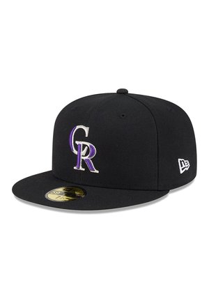 Black fitted cap with a flat brim, featuring a purple and white embroidered "CR" logo on the front and a small white logo on the side.