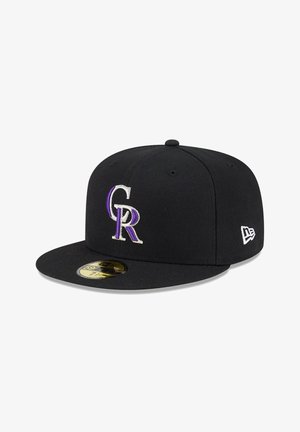 Black fitted cap with a flat brim, featuring a purple and white embroidered "CR" logo on the front and a small white logo on the side.