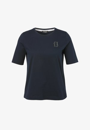 Navy blue cotton t-shirt with a round neck, short sleeves, and a small rhinestone logo on the left chest. Soft texture, casual design.