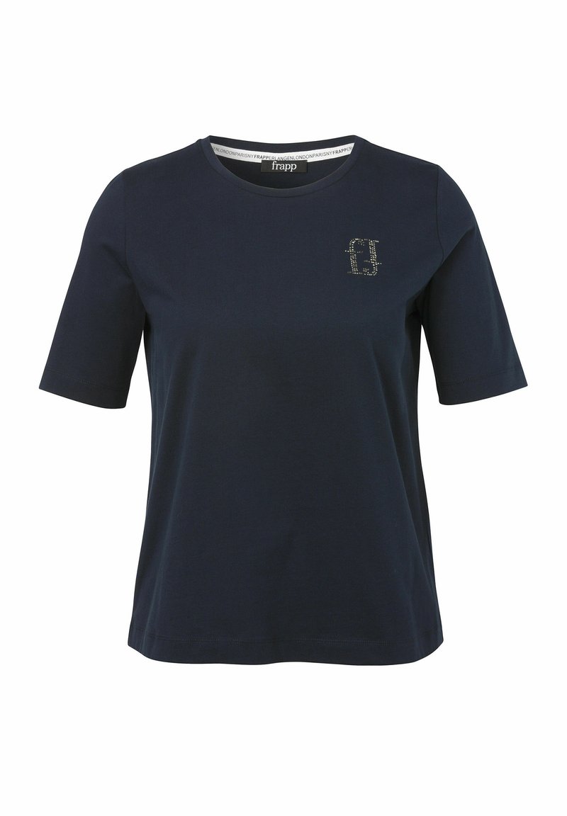 Marineblauw katoenen t-shirt met een ronde hals, korte mouwen en een klein strass-logo op de linkerborst. Zachte textuur, casual ontwerp.