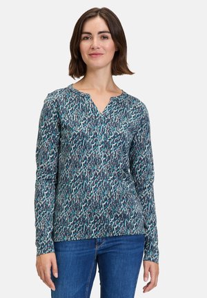 Langarmshirt mit V-Ausschnitt in einem mehrfarbigen abstrakten Muster aus Blau, Grün und Schwarz. Hergestellt aus weichem, strukturiertem Stoff für optimalen Komfort.