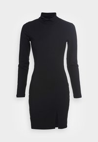 Czarna sukienka z długim rękawem i designem na szyję, z dopasowaną sylwetką i wysokim rozcięciem na udzie. Gładki, elastyczny materiał.