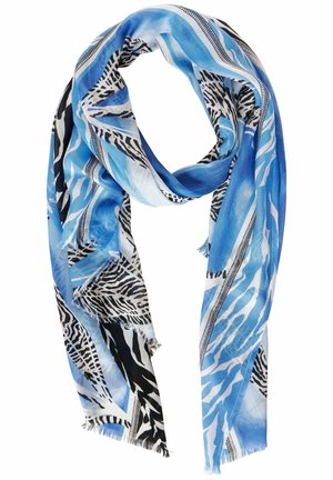 Leichter Schal mit blau-weißen und schwarzen Zebra- und Streifenmustern, mit Fransen an den Rändern und einer weichen, fließenden Textur.