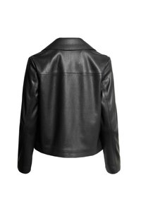 Sort læderjakke med lange ærmer og en bred krave vist fra ryggen på en hvid baggrund.