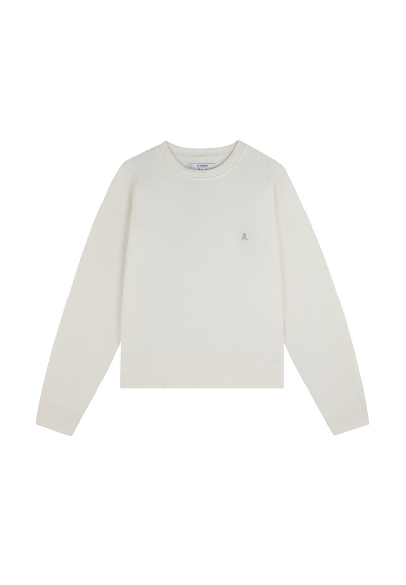 Sudadera de color beige claro con mangas largas, cuello redondo y puños acanalados. Presenta un pequeño logo bordado en el pecho. Textura suave.