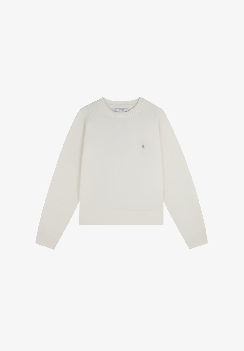 Sudadera de color beige claro con mangas largas, cuello redondo y puños acanalados. Presenta un pequeño logo bordado en el pecho. Textura suave.