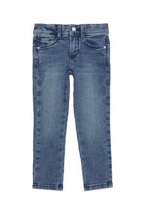 Jeans in denim blu con una vestibilità slim, caratterizzati da un tradizionale design a cinque tasche, cuciture a contrasto e una vita con bottone.