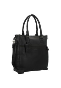 Borsa tote in pelle nera con manici doppi, una tracolla regolabile, tasca frontale con zip e una finitura texturizzata. Include un piccolo dettaglio a tag.