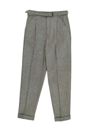 Pantalon gris taille haute sur mesure avec plis, passants de ceinture, poches latérales et revers, posé à plat sur fond blanc.