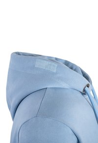 Sweat à capuche bleu clair avec cordon de serrage et patch rectangulaire cousu affichant le nom de la marque "SPITZBUB".