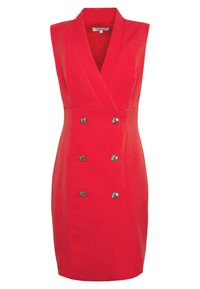 Robe sans manches rouge à double boutonnage avec un large col à revers et six boutons décoratifs argentés sur le devant.