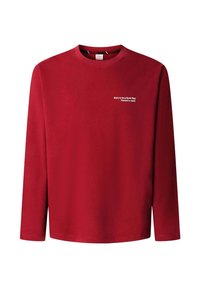 Maglietta rossa a maniche lunghe realizzata in tessuto morbido. Presenta uno scollo rotondo e un testo bianco stampato sull'area sinistra del petto. Design semplice, senza dettagli aggiuntivi.