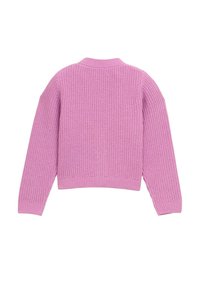 Roze gebreide trui met een gemêleerd patroon, gestructureerde kraag, lange mouwen en een cropped ontwerp. De achterkant laat een ribgebreide zoom zien.